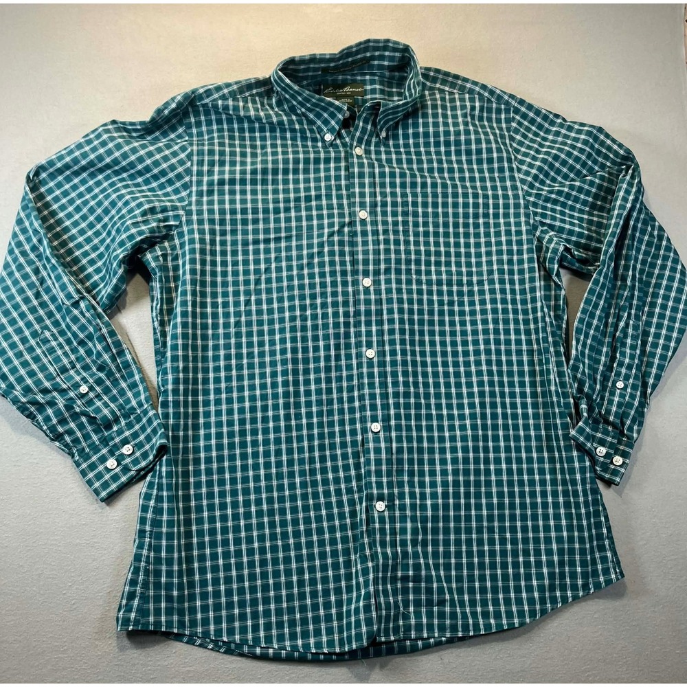 Eddie Bauer Mens LG‎ Green Plaid Wrinkle Resistant Relaxed Fit Button Down Shirt